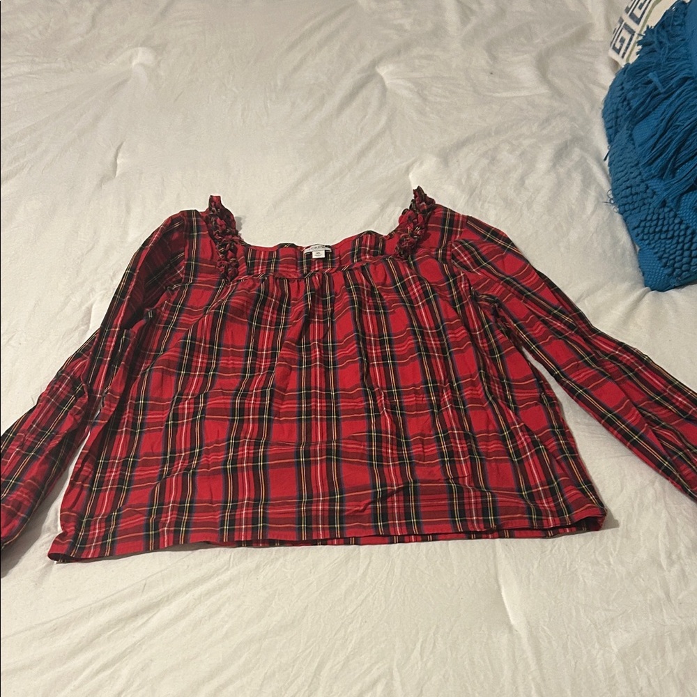 J. Crew Factory Red Plaid Ruffle Blouse